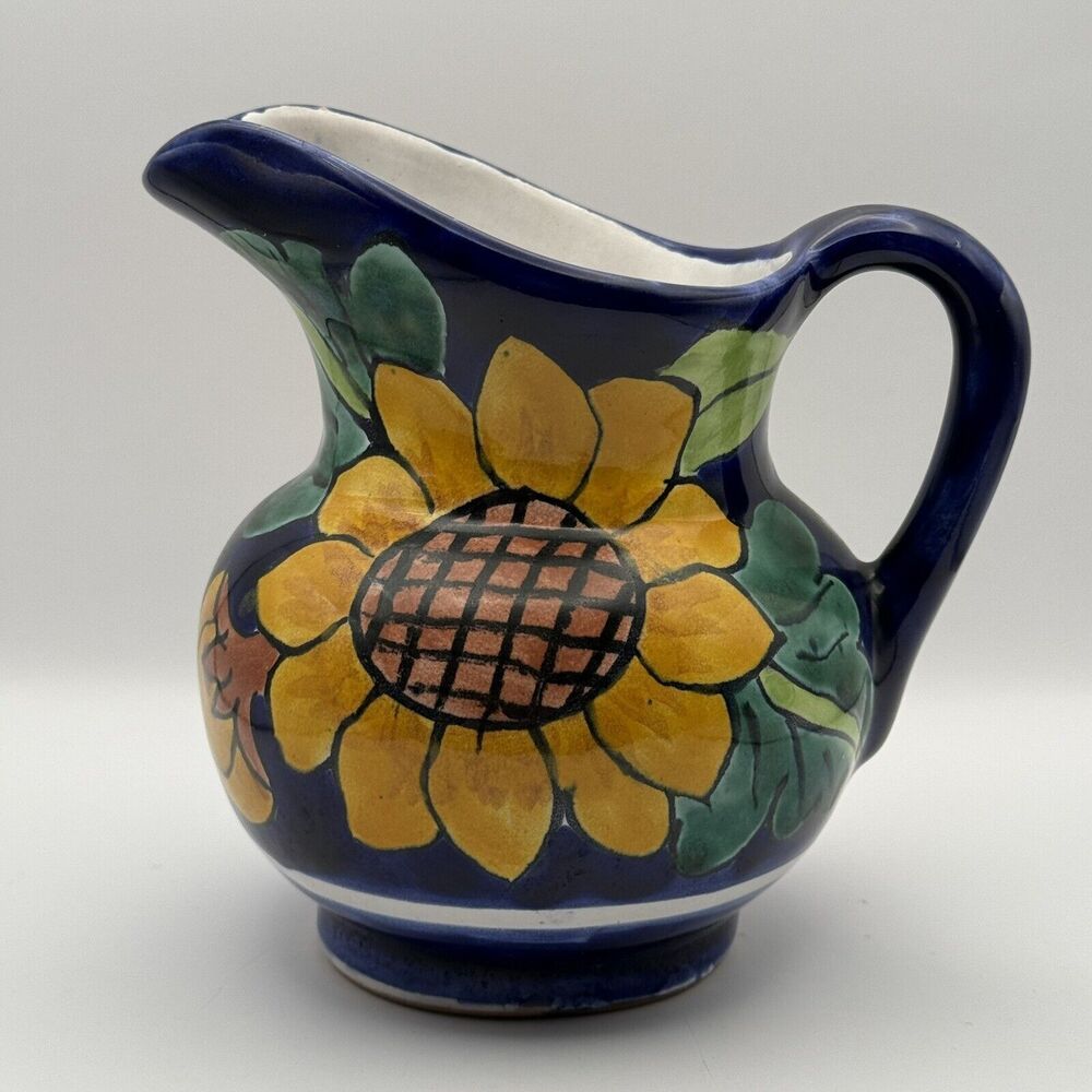 Talavara Pitcher Hand Painted Blue W/ Sunflowers From Mexico Vintage Decorative